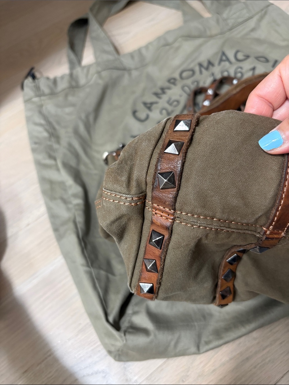 Campomaggi Olive Canvas Tote with Brown Leather Trim and Stud Accents - Picture 4 of 9